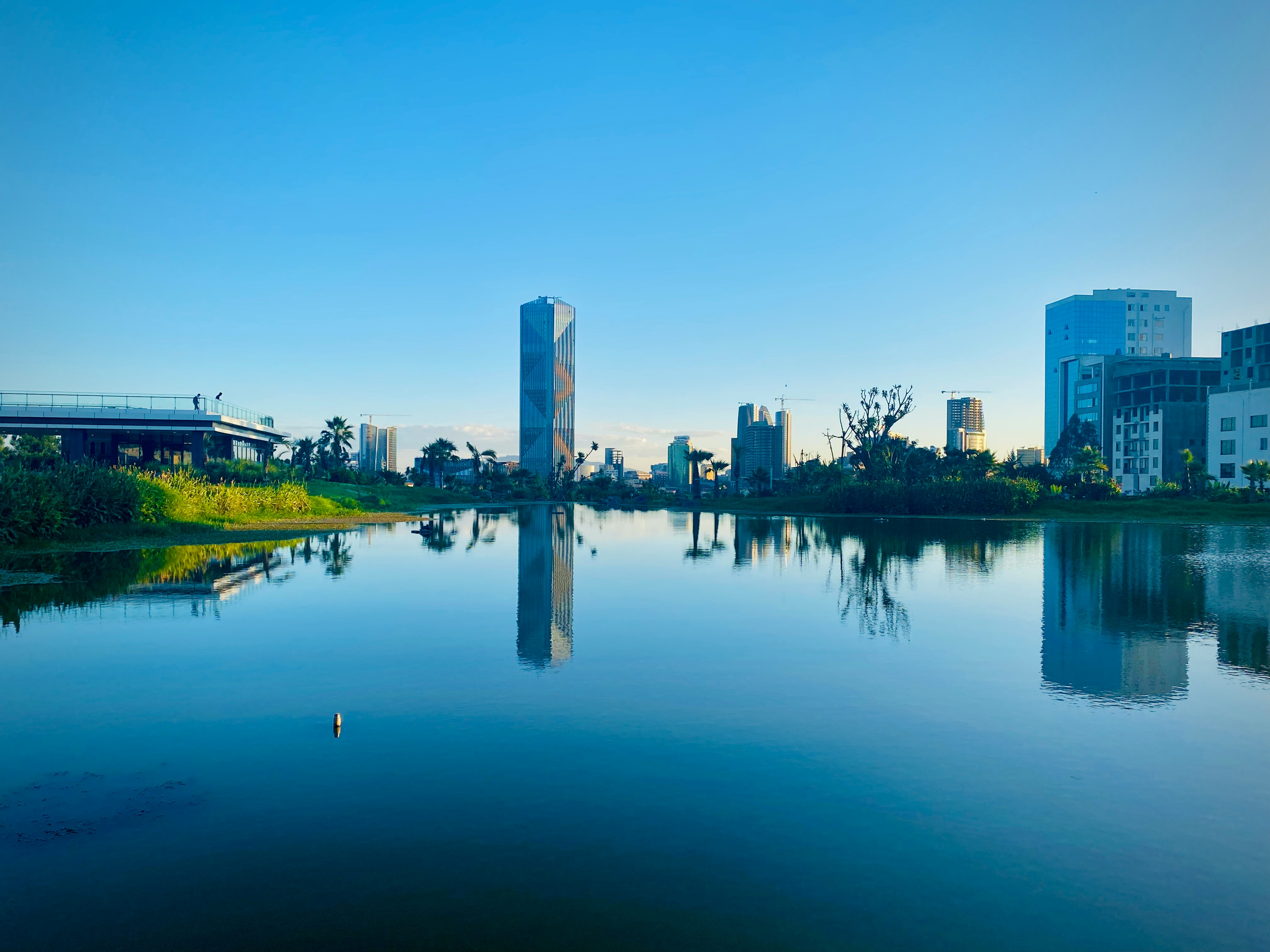 Addis Ababa cityscape with water and urban skyline