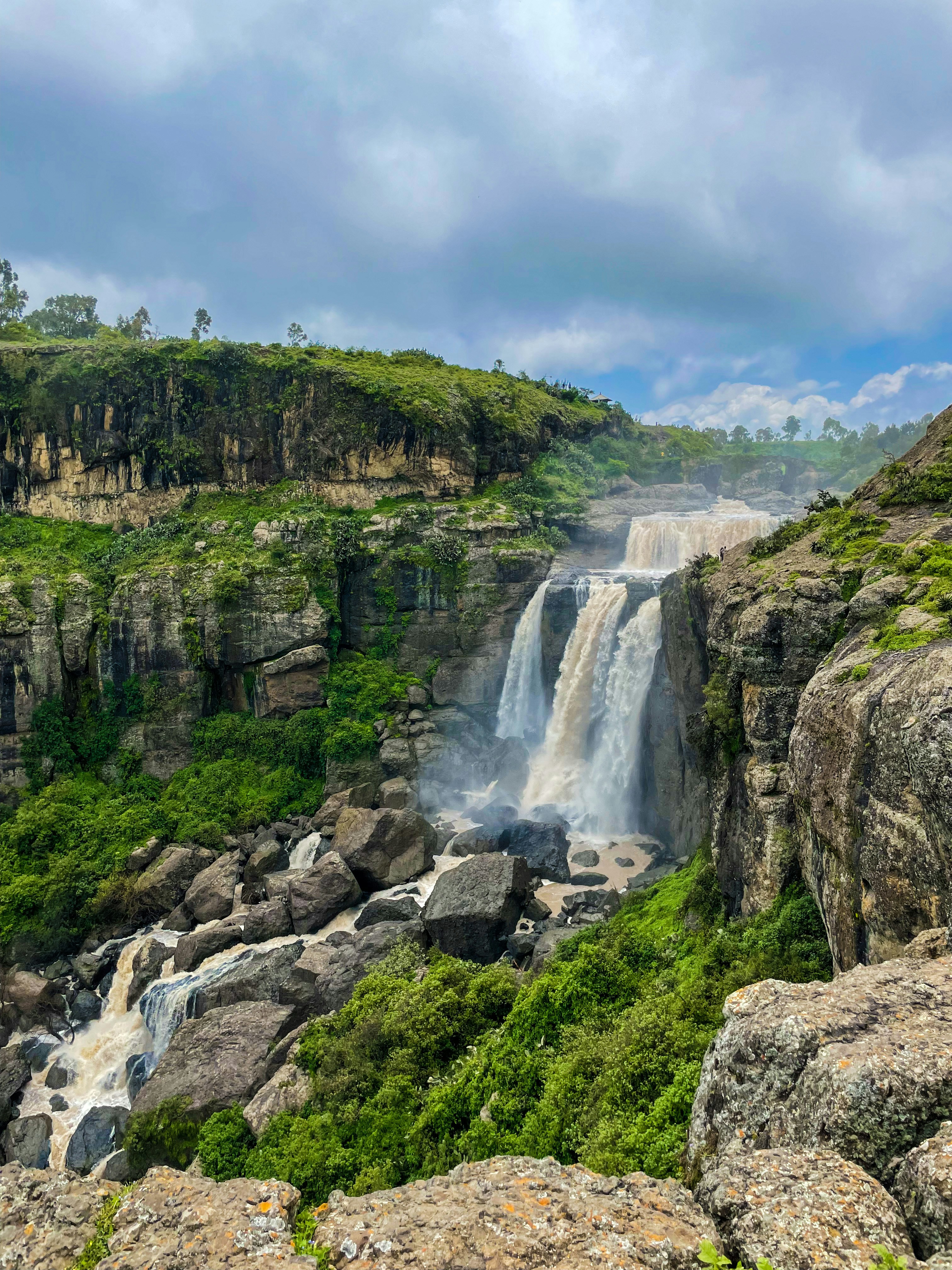 Lush green valley and waterfall in Ethiopia